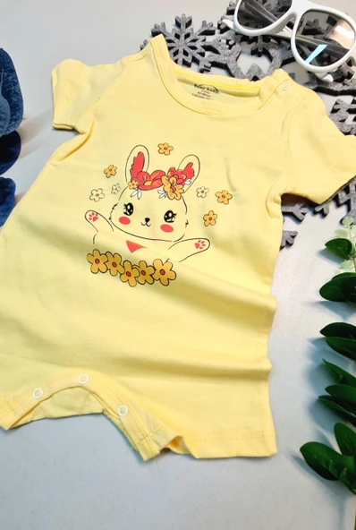 Bebek Yazlık Kısa Kol Şort Tek Parça Çıtçıtlı Tulum Zıbın %100 Pamuk Sarı Çiçekli - 2