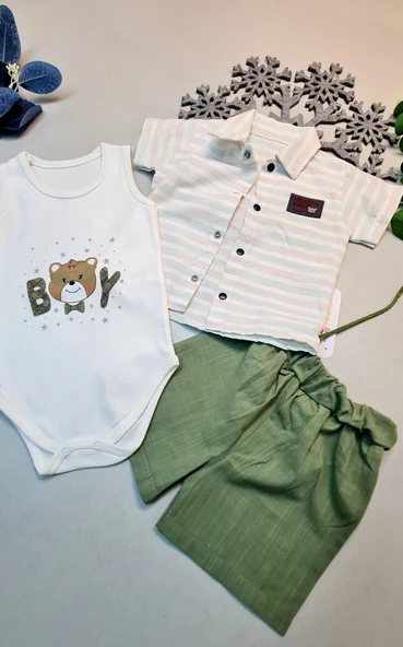 Bebek Kolsuz Çıtçıtlı Body Keten Şort ve Kısa Kol Gömlek 3 Lü Takım Yeşil Hediyelik - 3