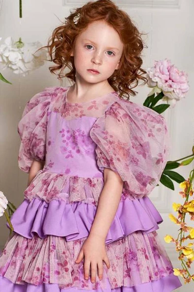 Kız Çocuk Çiçek Detaylı Katkat Fırfırlı Mor Abiye - Resim 2