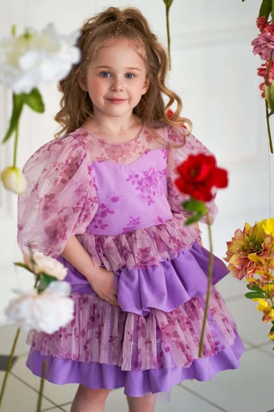 Kız Çocuk Çiçek Detaylı Katkat Fırfırlı Mor Abiye - Resim 4