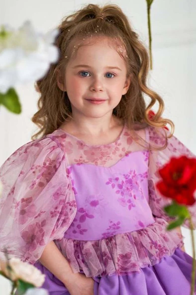 Kız Çocuk Çiçek Detaylı Katkat Fırfırlı Mor Abiye ürün görseli