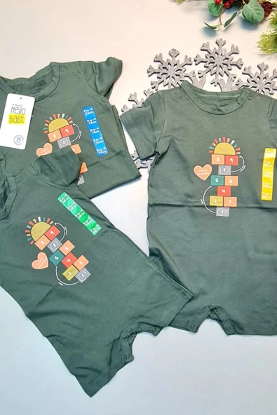 Yazlık %100 Pamuk Haki Yeşil Kısa Kol ÇıtÇıtlı Bebek Tulum Hellobaby Seksek Baskı Badi 1 Adet - 3
