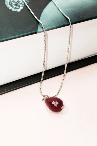 Yakut Doğal Taşı Zincirli El Yapımı Kolye Uç: 1,5 cm Zincir: 20 cm Kutulu - 7