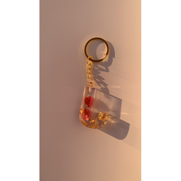 J Harfi Şeffaf Epoksi Gerçek Kurutulmuş Gül Yaprağı Gold Varak Halka Anahtarlık El Yapımı Hediyelik - Resim 3