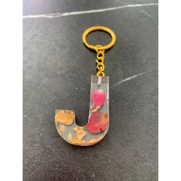 J Harfi Şeffaf Epoksi Gerçek Kurutulmuş Gül Yaprağı Gold Varak Halka Anahtarlık El Yapımı Hediyelik - Resim 5