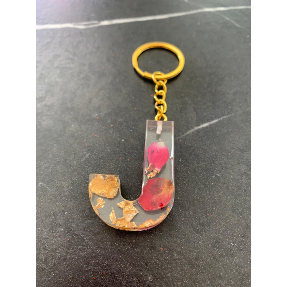 J Harfi Şeffaf Epoksi Gerçek Kurutulmuş Gül Yaprağı Gold Varak Halka Anahtarlık El Yapımı Hediyelik - Resim 6