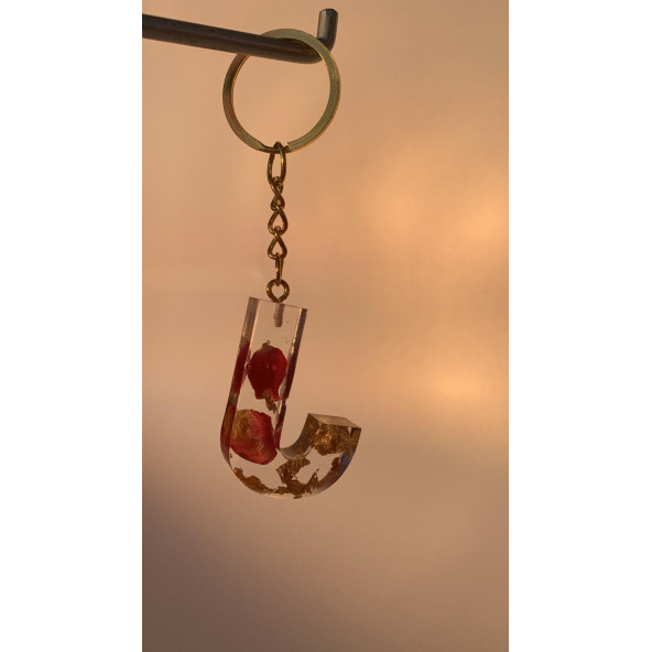 J Harfi Şeffaf Epoksi Gerçek Kurutulmuş Gül Yaprağı Gold Varak Halka Anahtarlık El Yapımı Hediyelik - Resim 7