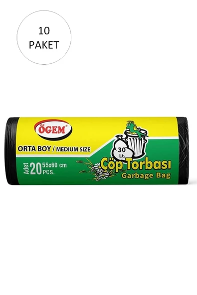 Orta Boy Çöp Torbası 55 x 60 cm 20 Li Rulo x 10 Paket = 200 Adet (Siyah)