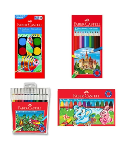 Faber Castell 4 lü Boyama Seti 12 Renk Pastel+Sulu+Kuru+Keçeli Kalem