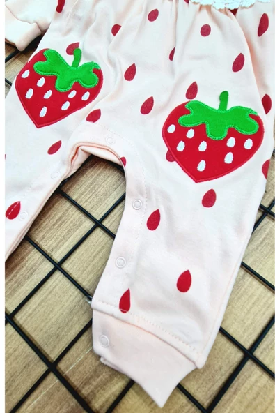 Toz Pembe Kız Bebek Çilek Desenli Saç Bantlı Uyku Tulumu Patiksiz Pamuklu - 2