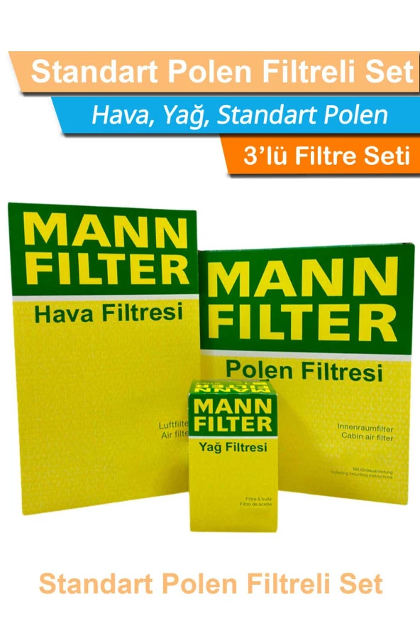 VW Bora 1.9 TDI Dizel MANN Filtre Bakım Seti 1999-2005 Hava+Yağ+Standart Polen