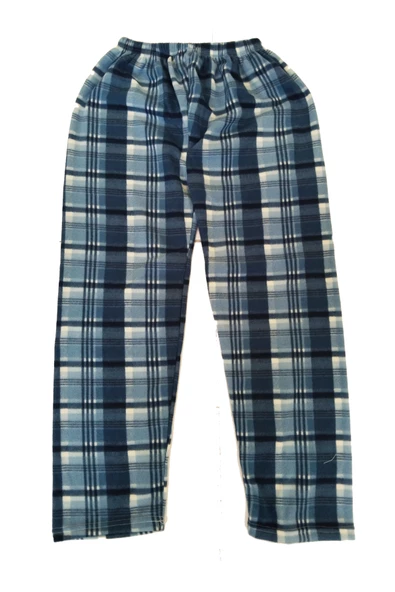 Unisex Polar Pijama Altı Termal Özellikli Mavi Ekose Desenli Ev Giyim Cepsiz