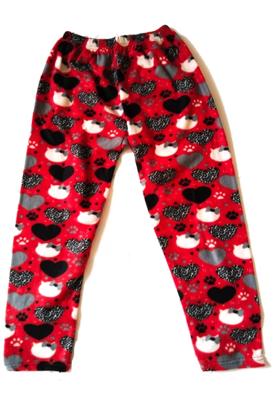 Kadın Polar Pijama Altı Termal Özellikli Kırmızı Kalp Desen Büyük Beden Ev Giyim Cepsiz - 4