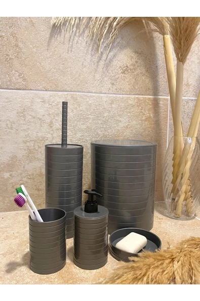Banyo Seti 5'li Gri Çöp Kovası Wc Fırçalık Sıvı Sabunluk Katı Sabunluk - 2