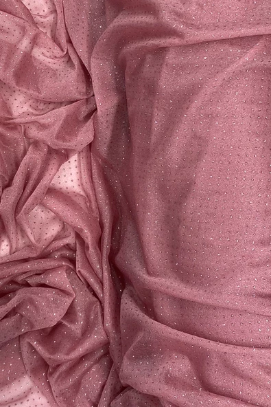 Yağmur Damlası Simli Abiye Elbise Şallık Tül Kumaş Gül Kurusu 32-H - 2