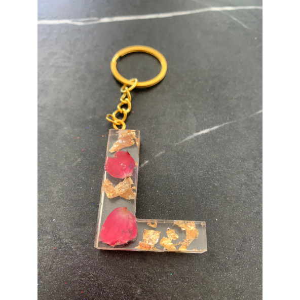 L Harfi Şeffaf Epoksi Gerçek Kurutulmuş Gül Yaprağı Gold Varak Halka Anahtarlık El Yapımı Hediyelik - Resim 3