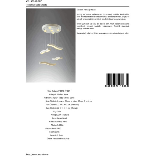 Avonni AV-1576-4T-BBY Beyaz Boyalı Modern Avize - 2
