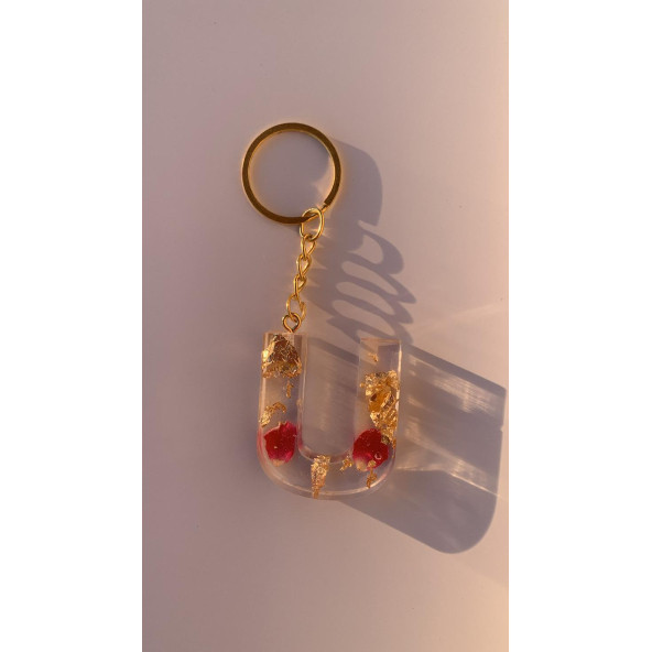 U Harfi Şeffaf Epoksi Gerçek Kurutulmuş Gül Yaprağı Gold Varak Halka Anahtarlık El Yapımı Hediyelik - Resim 4