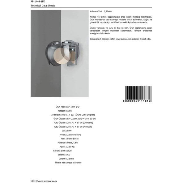 Avonni AP-1444-1FD Füme Boyalı Aplik - 4