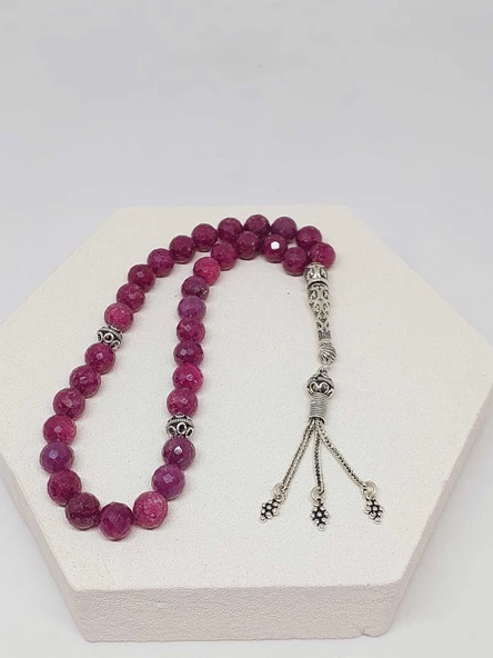 Yakut Taşı Faset Kesim 33 lük Tesbih 8mm (Gümüş) (51310) - 3