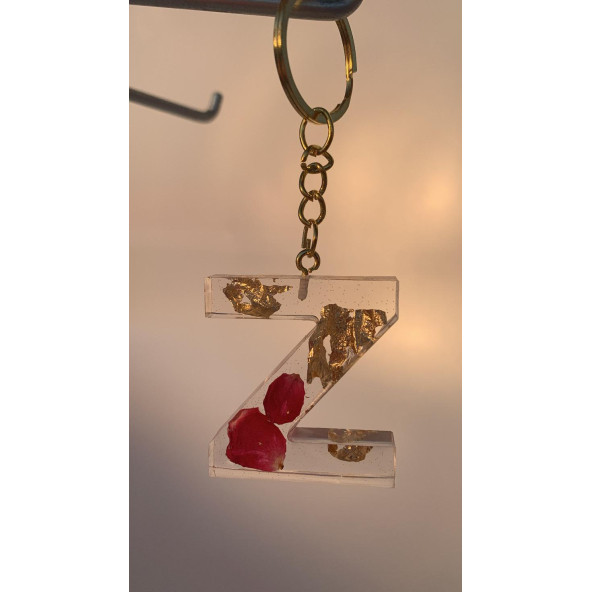 Z Harfi Şeffaf Epoksi Gerçek Kurutulmuş Gül Yaprağı Gold Varak Halka Anahtarlık El Yapımı Hediyelik - 3