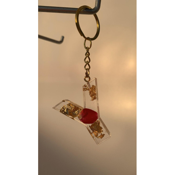 Y Harfi Şeffaf Epoksi Gerçek Kurutulmuş Gül Yaprağı Gold Varak Halka Anahtarlık El Yapımı Hediyelik - 3