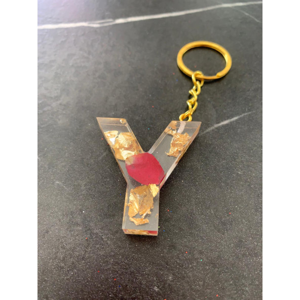 Y Harfi Şeffaf Epoksi Gerçek Kurutulmuş Gül Yaprağı Gold Varak Halka Anahtarlık El Yapımı Hediyelik - 8