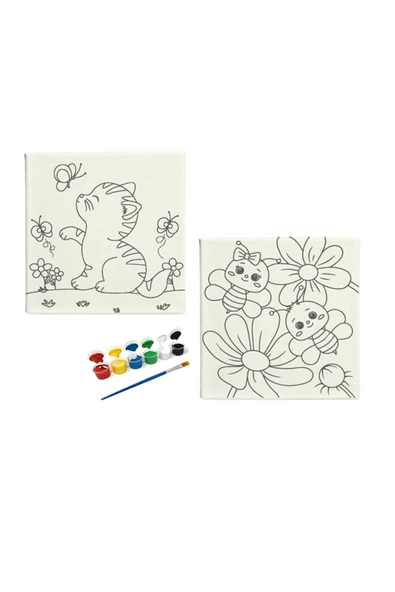 dudu ahşap OKUL - Aile Etkinliği-2'li Tuval Boyama Seti. 20x20 Cm Uv Baskı 6 Akrilik Boya 1 Fırça-model-24