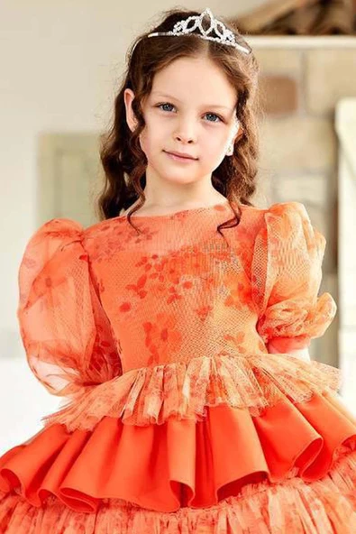 Kız Çocuk Çiçek Detaylı Katkat Fırfırlı Turuncu Abiye - Resim 2