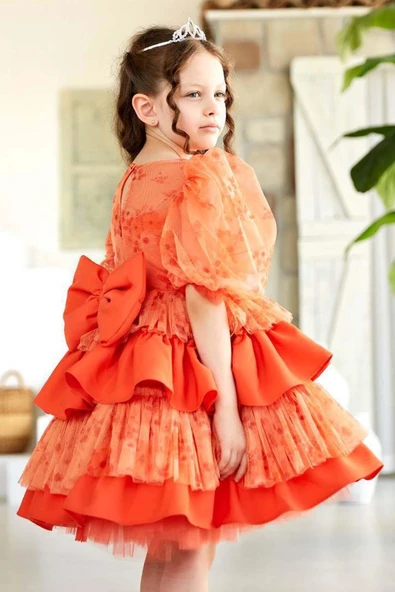 Kız Çocuk Çiçek Detaylı Katkat Fırfırlı Turuncu Abiye - Resim 4