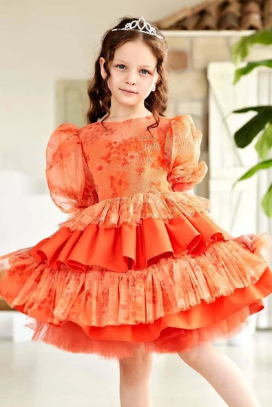 Kız Çocuk Çiçek Detaylı Katkat Fırfırlı Turuncu Abiye ürün görseli