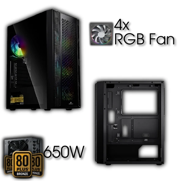 GameBooster Kasa Gb-F3107B 650W 80+ Bronze Mesh 4X Rgb Fanlı Gamıng Siyah