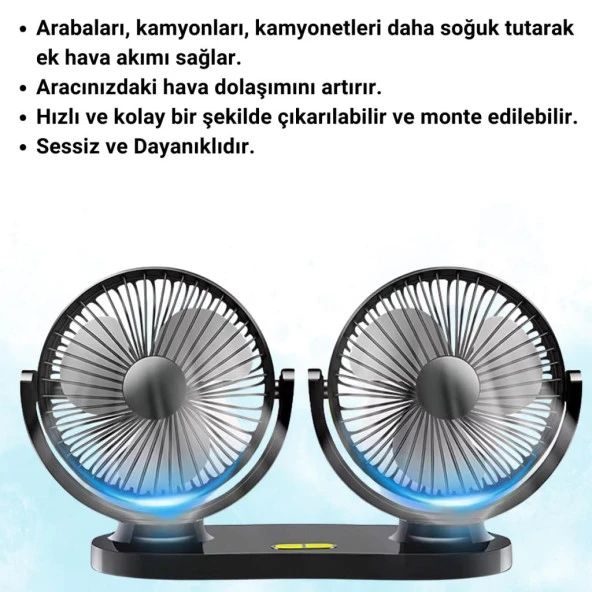 Coofbe Çift Başlıklı Torpido Üzeri Araç Vantilatör Fan Soğutucu Masaüstü Vantilatör Araç Kliması Vantilatör - 3