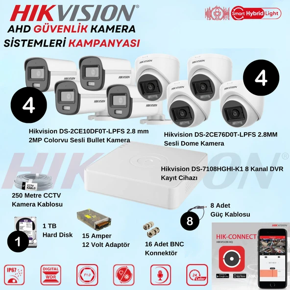 Hikvision Sesli Smart Hybrid Light AHD 4 Adet Bullet 4 Adet Dome Kamera 2 Mp Güvenlik Kamera Seti