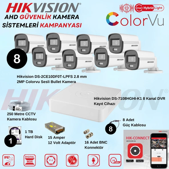 Hikvision Sesli Smart Hybrid Light AHD 8 Adet Bullet 2 Mp Güvenlik Kamera Seti