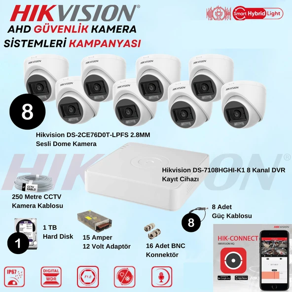 Hikvision Sesli Smart Hybrid Light AHD 8 Adet Dome Kamera 2 Mp Güvenlik Kamera Seti