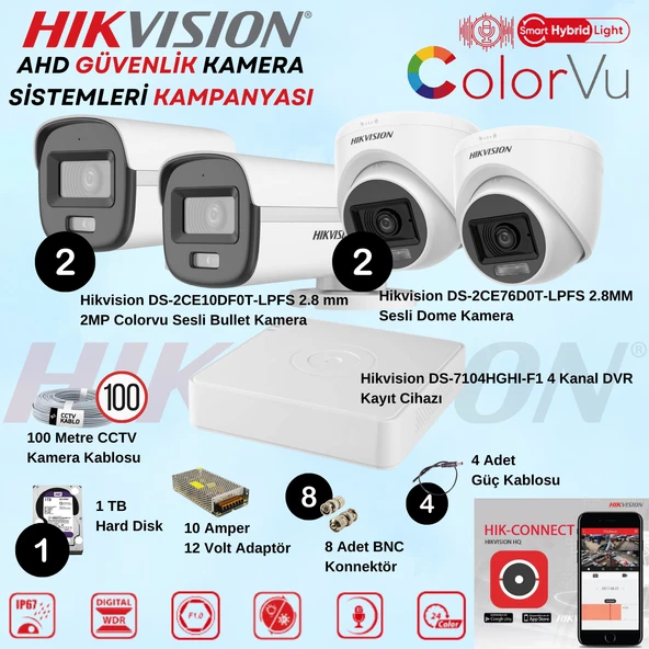 Hikvision Sesli Smart Hybrid Light AHD 2 Adet Bullet 2 Adet Dome Kamera 2 Mp Güvenlik Kamera Seti