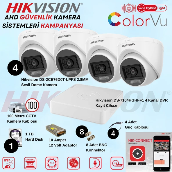 Hikvision Sesli Smart Hybrid Light AHD 4 Adet Dome Kamera 2 Mp Güvenlik Kamera Seti