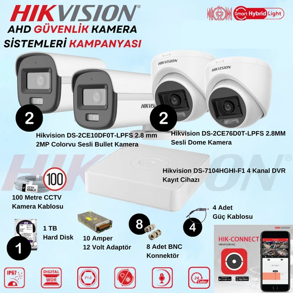 Hikvision Sesli Smart Hybrid Light AHD 2 Adet Bullet 2 Adet Dome Kamera 2 MP Güvenlik Kamera Seti