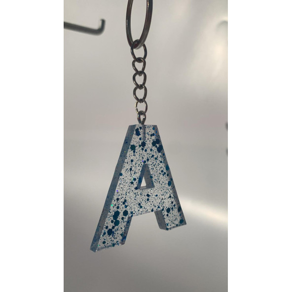 A Harfi Şeffaf Epoksi Mavi Glitter Süslemeli Gümüş Halka Anahtarlık El Yapımı Hediyelik - Resim 4