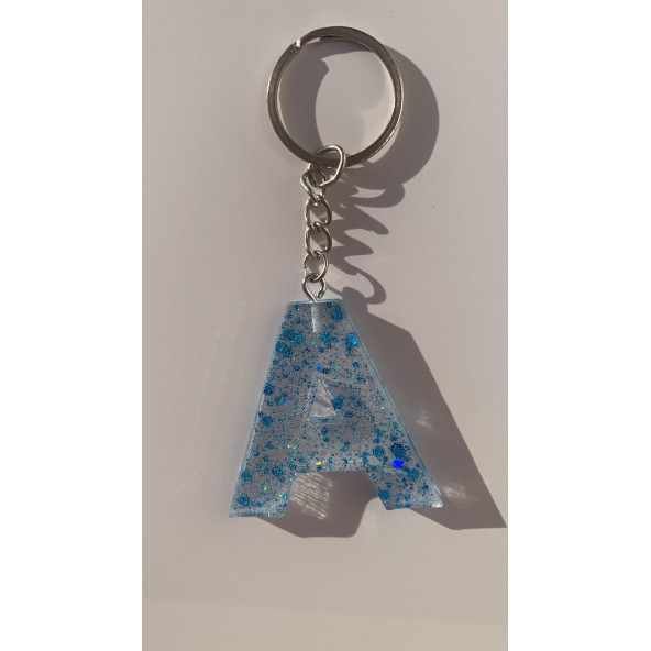A Harfi Şeffaf Epoksi Mavi Glitter Süslemeli Gümüş Halka Anahtarlık El Yapımı Hediyelik - Resim 7