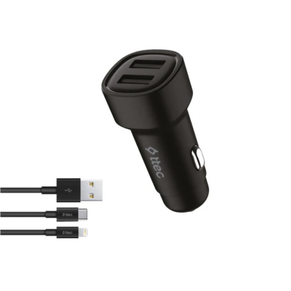 Ttec Şarj Akım Korumalı 15.5W Çift USB Girişli Type-c Ve İphone Kablolu Araç Şarjı Araç Çakmaklık