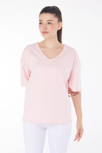 Düz Orta Kadın Pembe T-Shirt - 25848