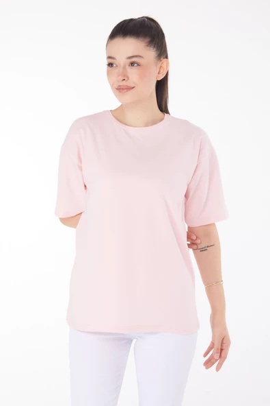 Düz Bisiklet Yaka Kadın Pembe T-Shirt - 25849