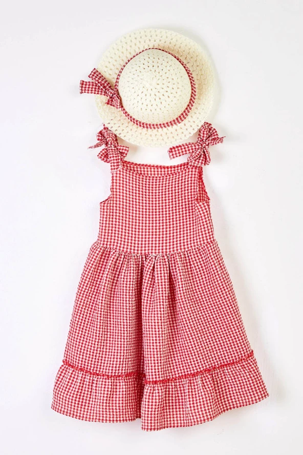 Kız Çocuk Kırmızı Hasır Şapkalı Elbise - 25340
