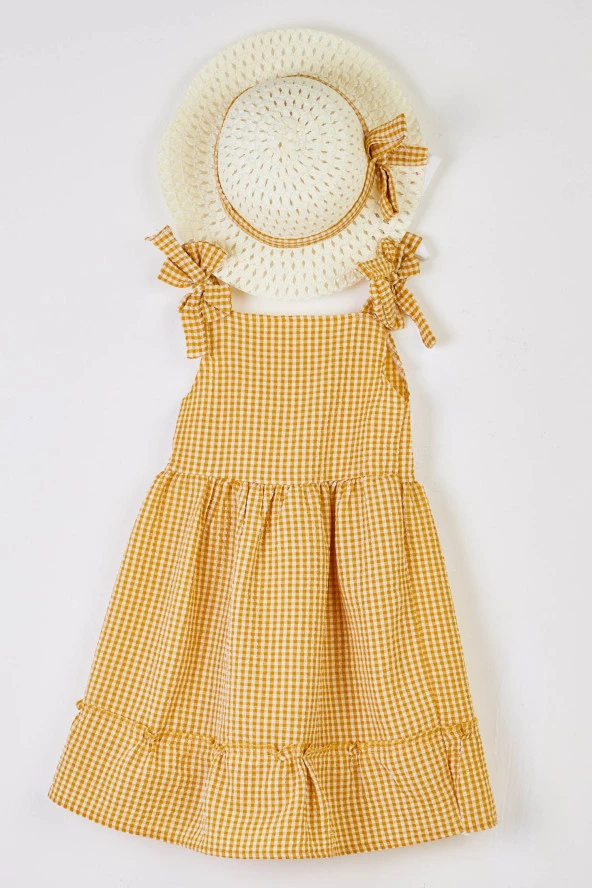 Kız Çocuk Sarı Hasır Şapkalı Elbise - 25340