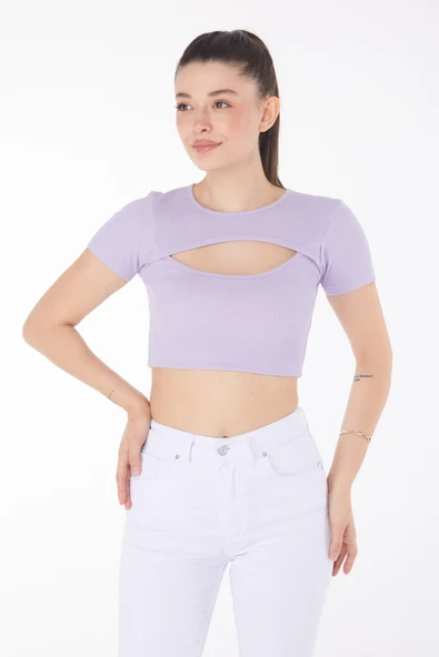 Düz Bisiklet Yaka Kadın Lila Crop  - 25852