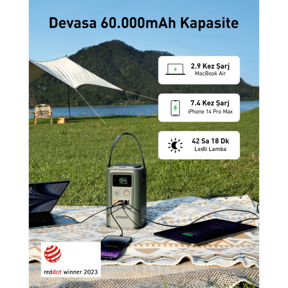 Anker 548 Powerbank 60000mAh - PowerCore Reserve 192Wh Taşınabilir Hızlı Şarj Cihazı - 60W - Solar Şarj Girişli - Siyah - A1294 (Anker Türkiye Garantili) - 2