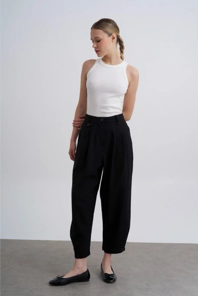 Perry Kadın Siyah Keten Pantolon 50976 - Resim 3