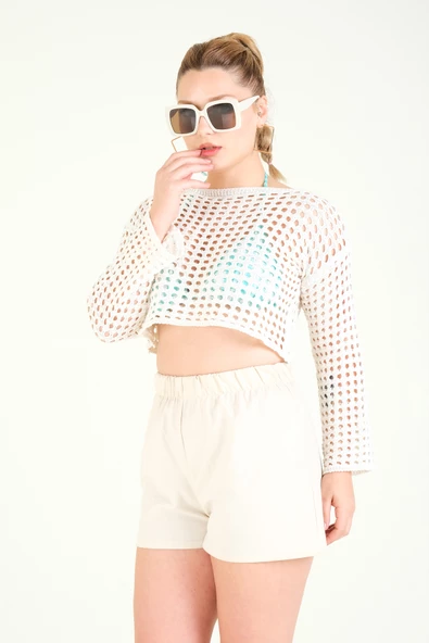 Kadın File Crop Bluz Ekru - 4